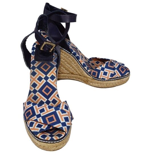 Tory Burch Criss Cross Blue and Orange Espadrille Wedges, Size 8 - Picture 8 of 11
